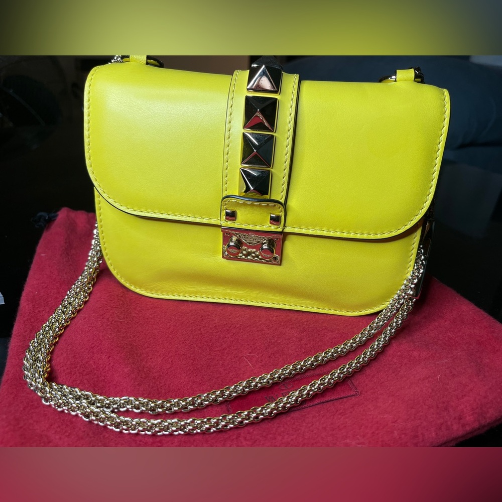Valentino Yellow Leather Rockstud Glam Lock Medium Flap Bag